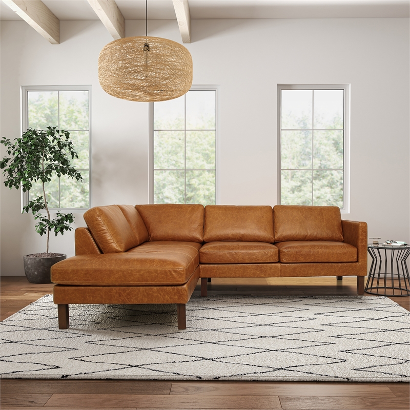 Hairo Loose Back Genuine Leather Left Facing Sectional Sofa in Cognac Tan