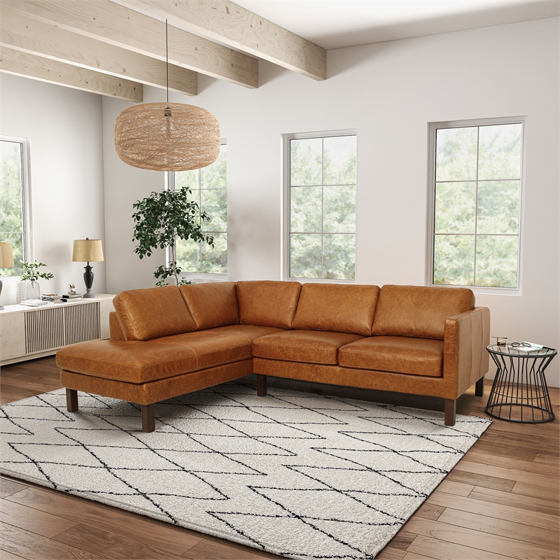 Hairo Loose Back Genuine Leather Left Facing Sectional Sofa in Cognac Tan