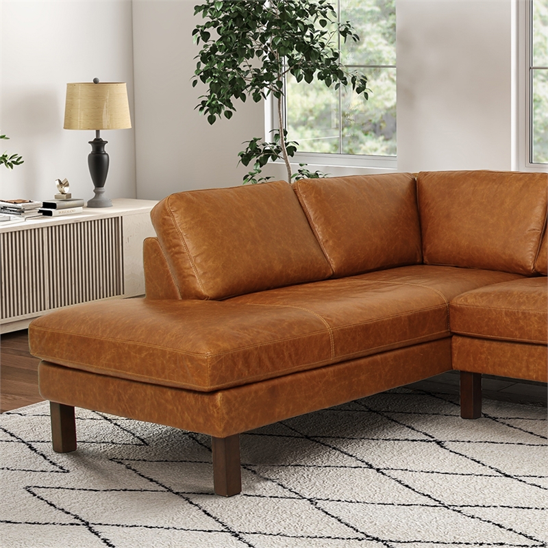 Hairo Loose Back Genuine Leather Left Facing Sectional Sofa in Cognac Tan