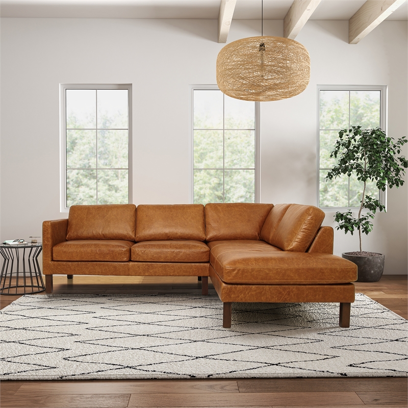 Hairo Loose Back Genuine Leather Right Facing Sectional Sofa in Cognac Tan