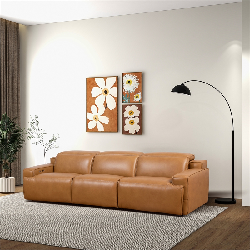 Welton Modern Genuine Leather Triple Power Recliner Sofa in Tan