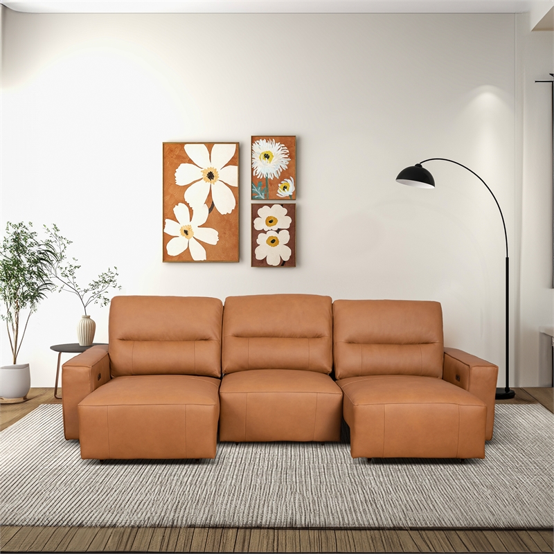 Harlow Genuine Leather Triple Power Convertible Sofa / Sofa Bed in Cognac Tan