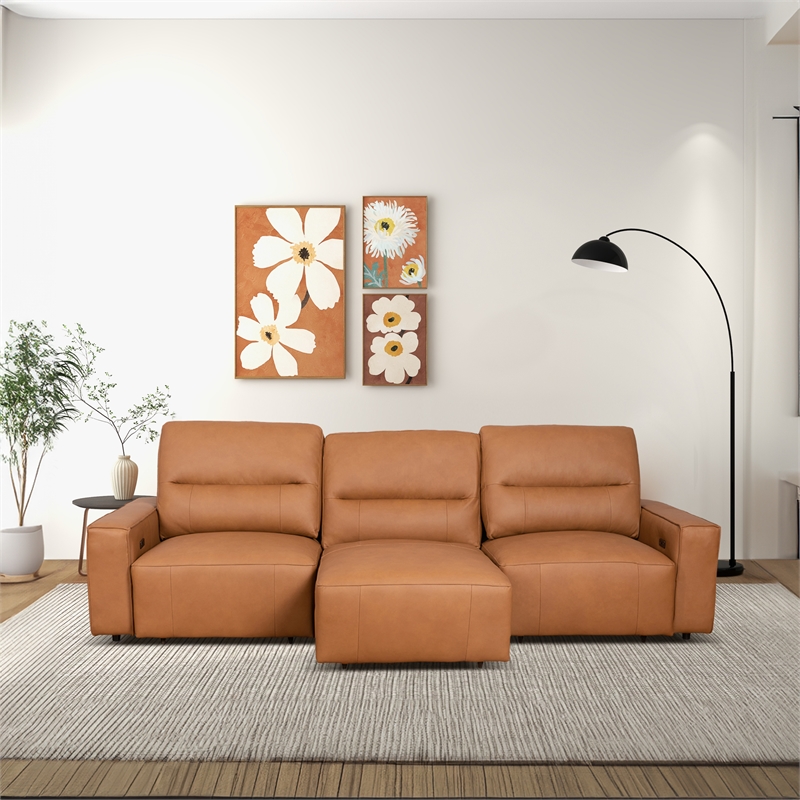 Harlow Genuine Leather Triple Power Convertible Sofa / Sofa Bed in Cognac Tan