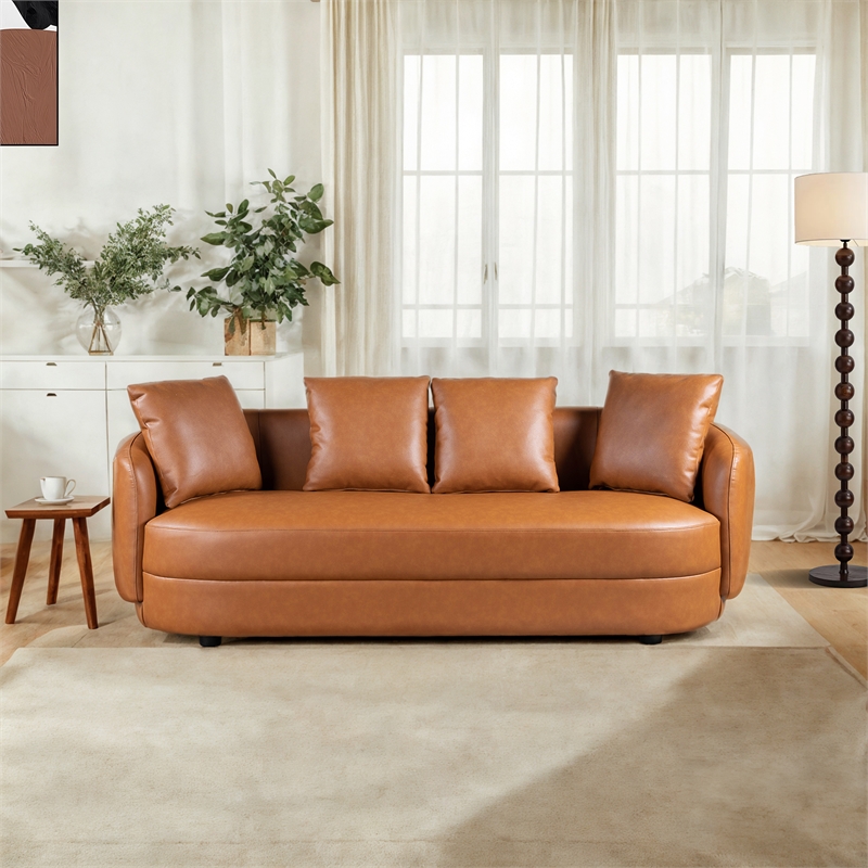 Perten Japandi Style Mid-Century Modern Living Room Leather Sofa in Cognac Tan