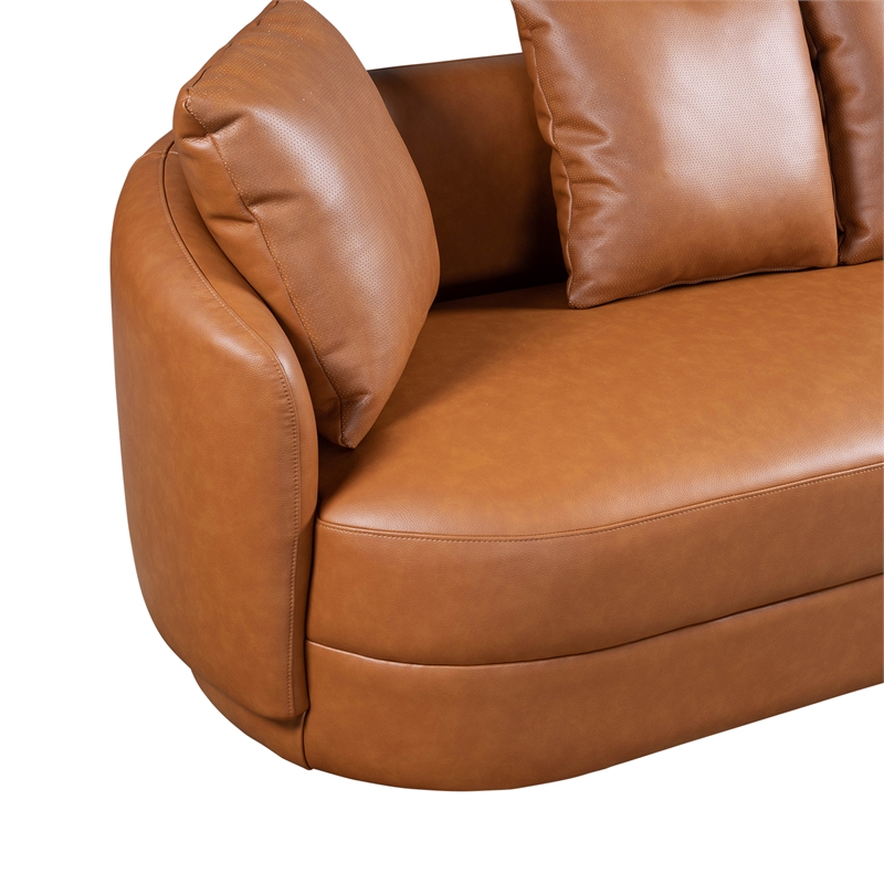Perten Japandi Style Mid-Century Modern Living Room Leather Sofa in Cognac Tan