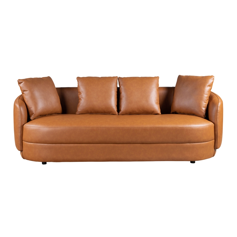 Perten Japandi Style Mid-Century Modern Living Room Leather Sofa in Cognac Tan
