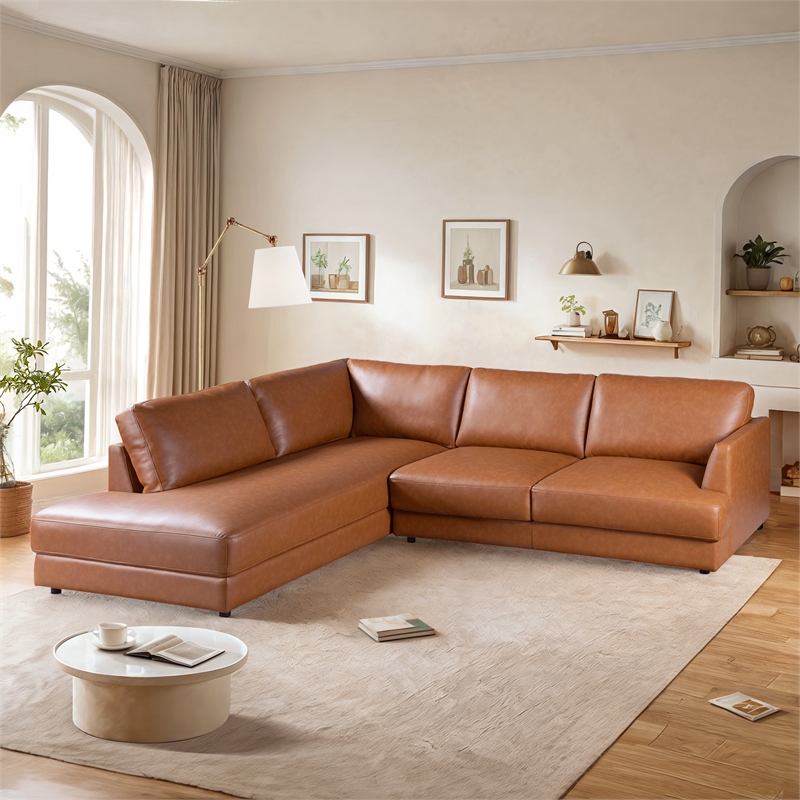Griffith Cozy Living Room Left Facing Leather Sectional Sofa in Cognac Tan