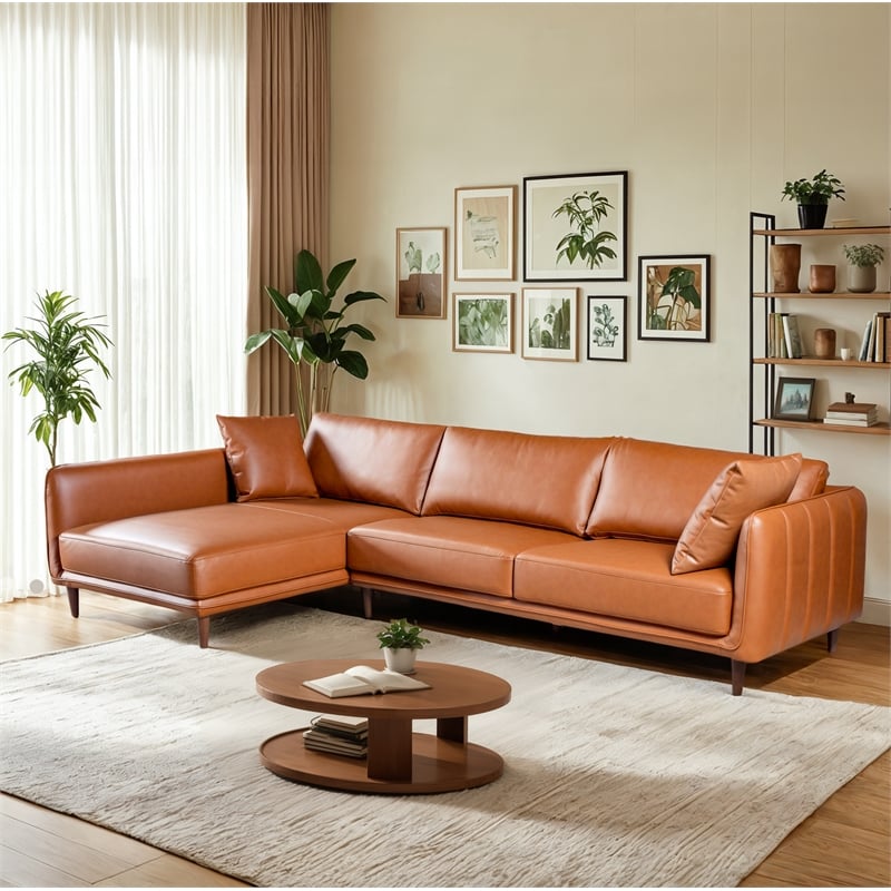 Keshia Living Room Left Facing Leather Corner Sectional Sofa in Cognac Tan