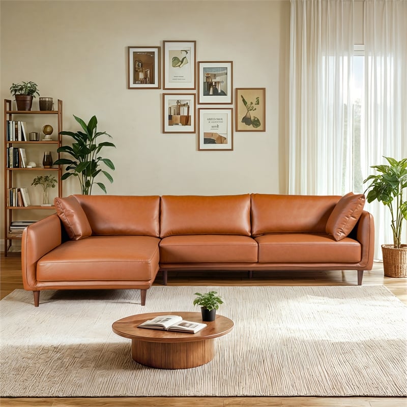 Keshia Living Room Left Facing Leather Corner Sectional Sofa in Cognac Tan