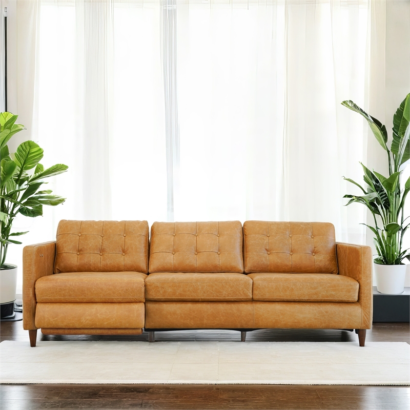 Ludwig Mid Century Genuine Leather Left-Facing Power Inclining Sofa in Tan