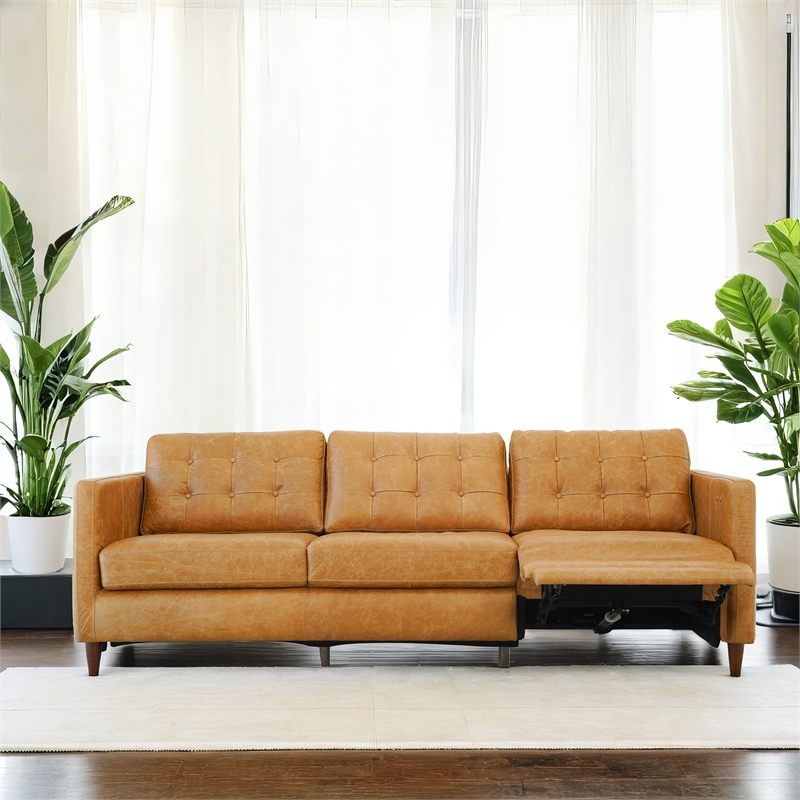 Ludwig Mid Century Genuine Leather Right-Facing Power Inclining Sofa in Tan