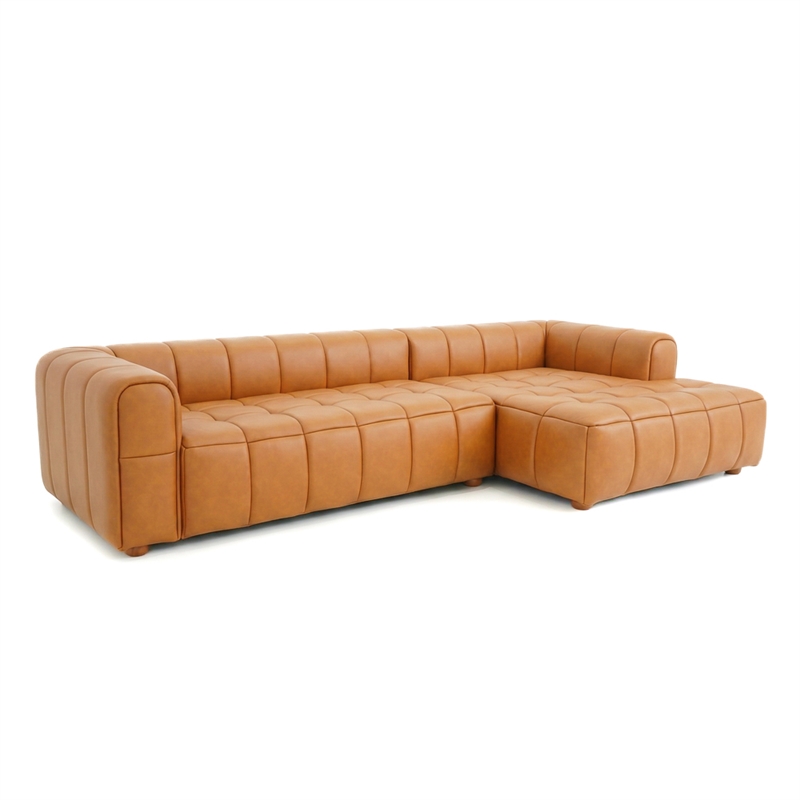 Adelyn Modern Living Room Faux Leather Corner Sectional Sofa in Cognac Tan