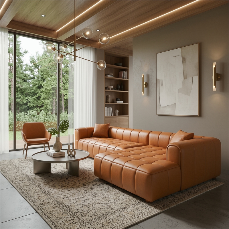 Adelyn Modern Living Room Faux Leather Corner Sectional Sofa in Cognac Tan