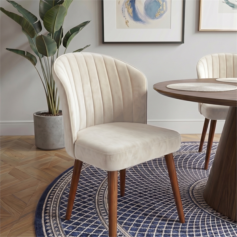 Edison Mid-Century Modern Velvet Dining Chair in Cream (Set of 2)