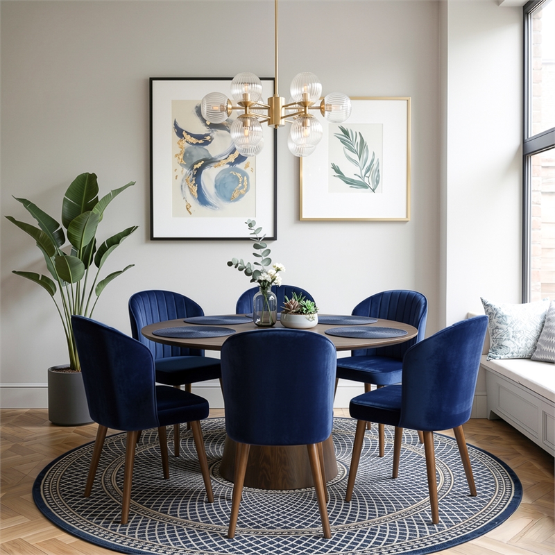 Edison Mid-Century Modern Velvet Dining Chair in Navy Blue (Set of 2)