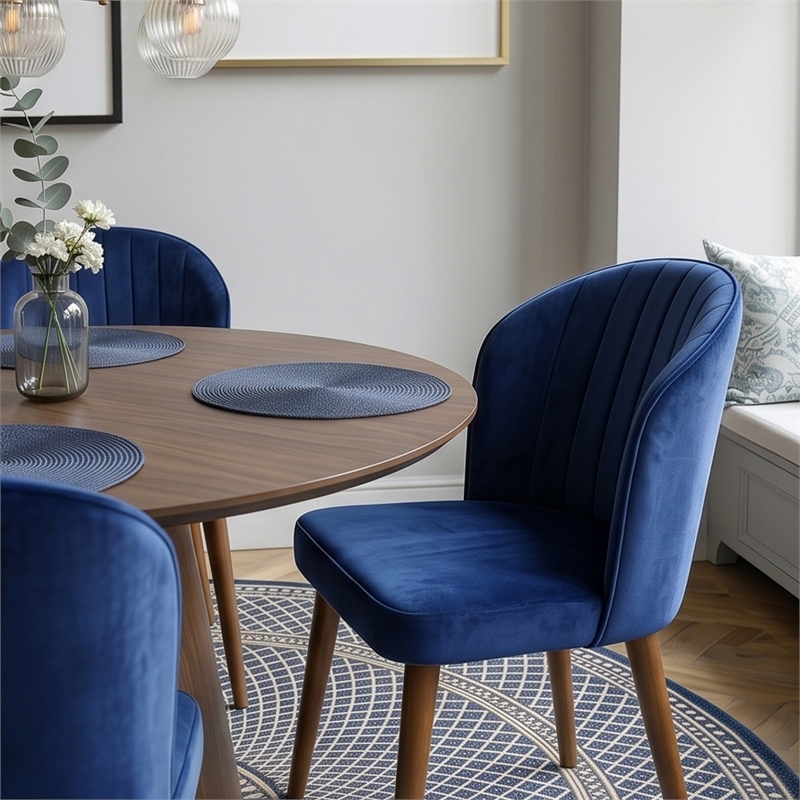 Edison Mid-Century Modern Velvet Dining Chair in Navy Blue (Set of 2)