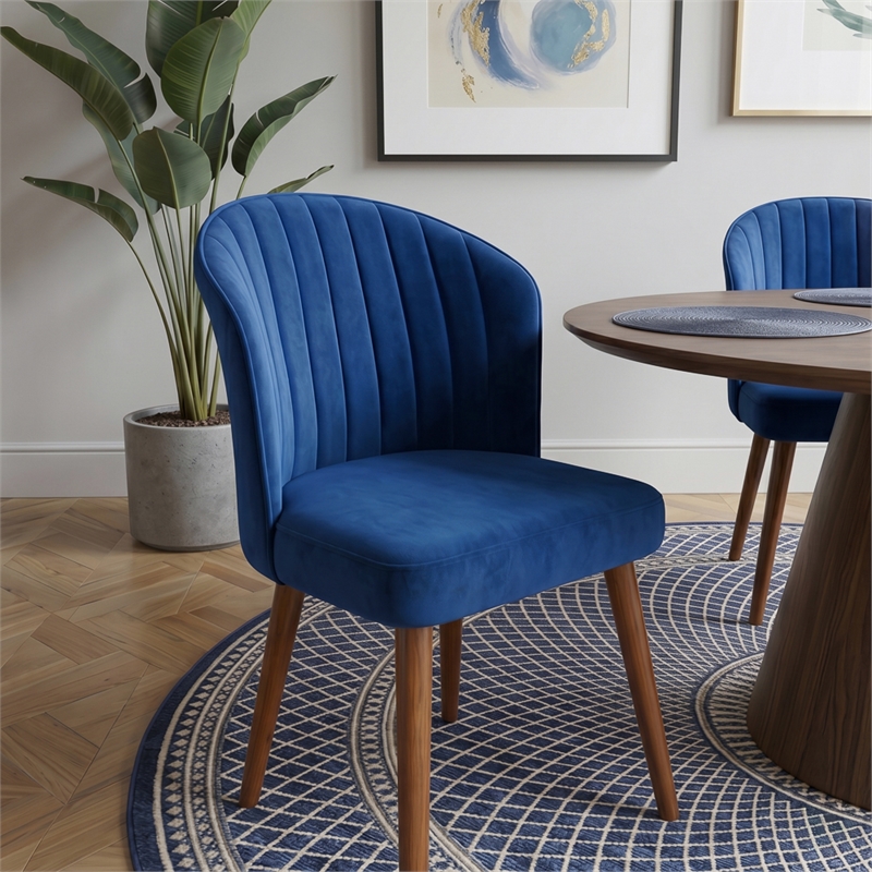 Edison Mid-Century Modern Velvet Dining Chair in Navy Blue (Set of 2)