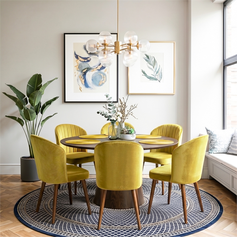 Edison Mid-Century Modern Velvet Dining Chair in Dark Yellow (Set of 2)