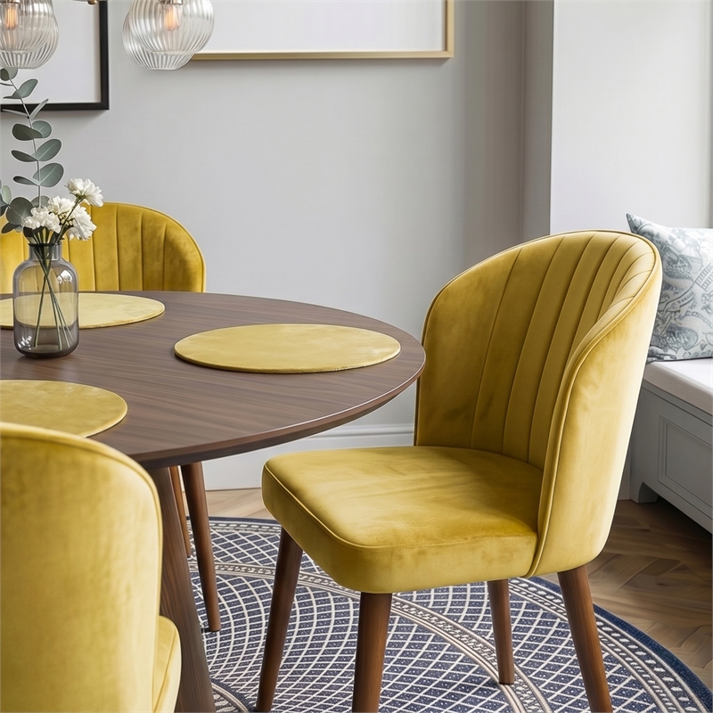 Edison Mid-Century Modern Velvet Dining Chair in Dark Yellow (Set of 2)