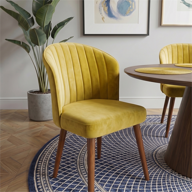 Edison Mid-Century Modern Velvet Dining Chair in Dark Yellow (Set of 2)