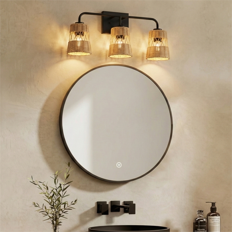 Venti Three-Light Rattan Wall Sconce with Black Metal Finish