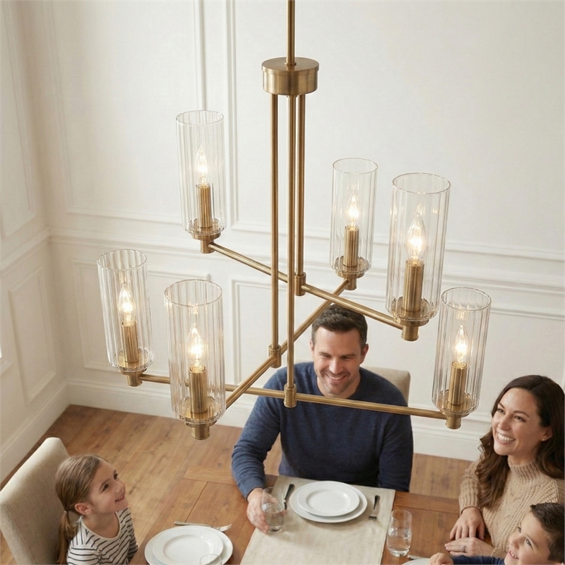 Modart 6-Light Metal Pendant with Satin Brass Finish and Ribbed Glass Shades