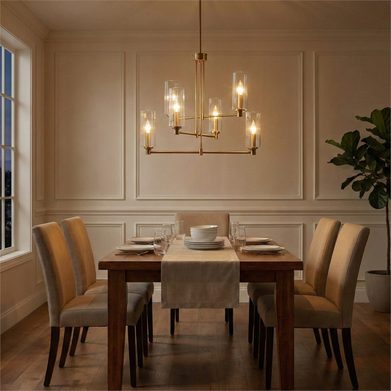 Modart 6-Light Metal Pendant with Satin Brass Finish and Ribbed Glass Shades