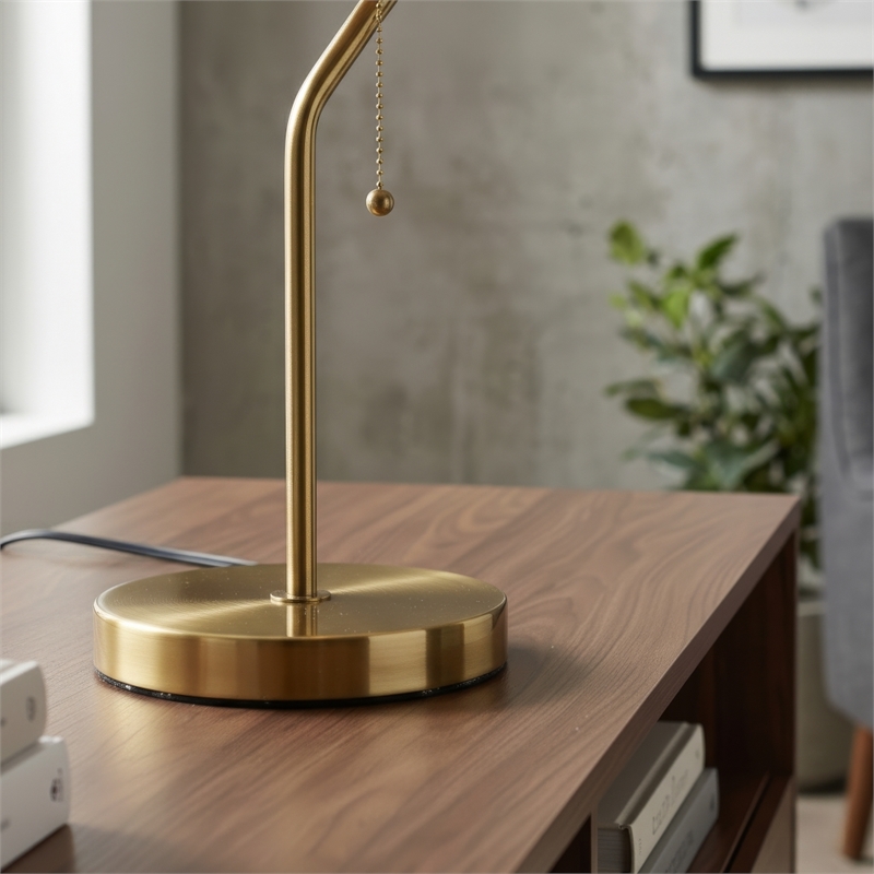 Misty Gold and White Pull Chain Metal Table Lamp