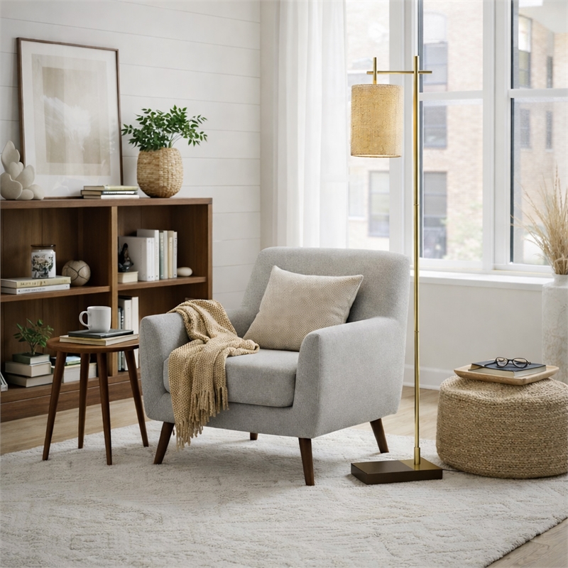 Jan Floor Lamp with Rattan Shade and Brass Frame