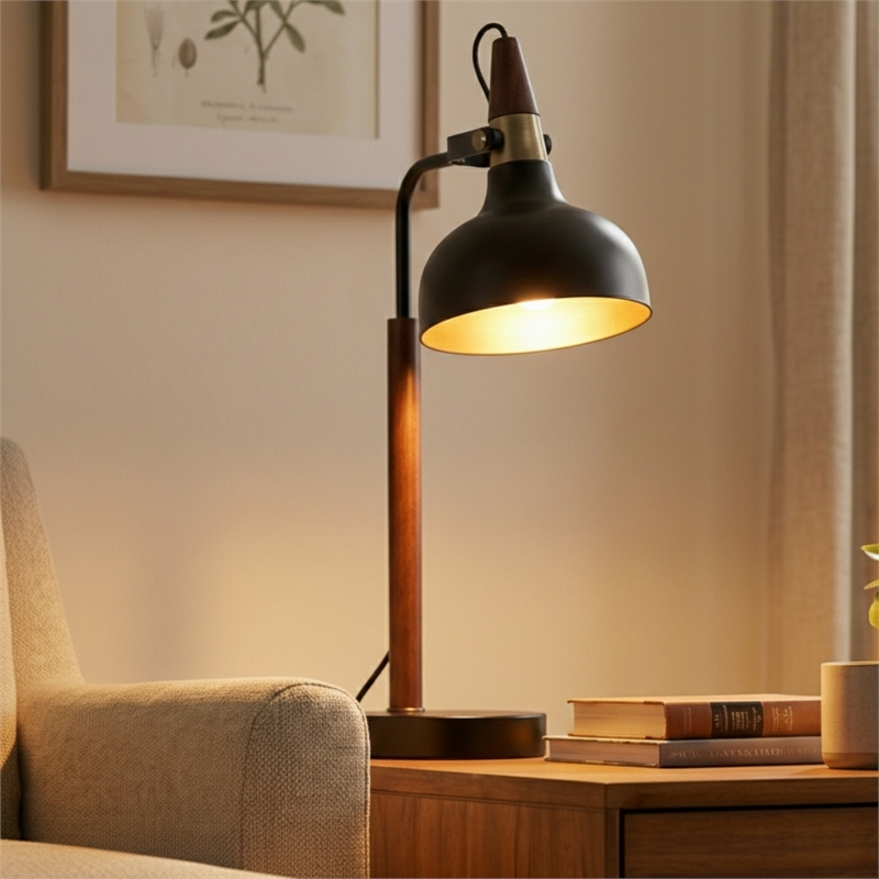 Halona Adjustable Black Industrial Desk Lamp with Wood and Metal Design