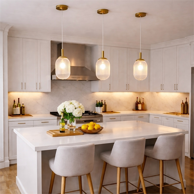 Ada Modern Ribbed Glass Metal Pendant Light with Gold Finish