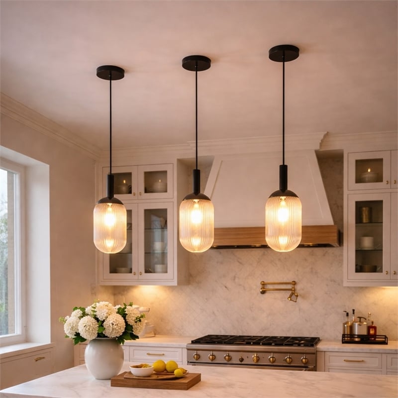 Daphne Modern Ribbed Glass Metal Pendant Light with Black Finish