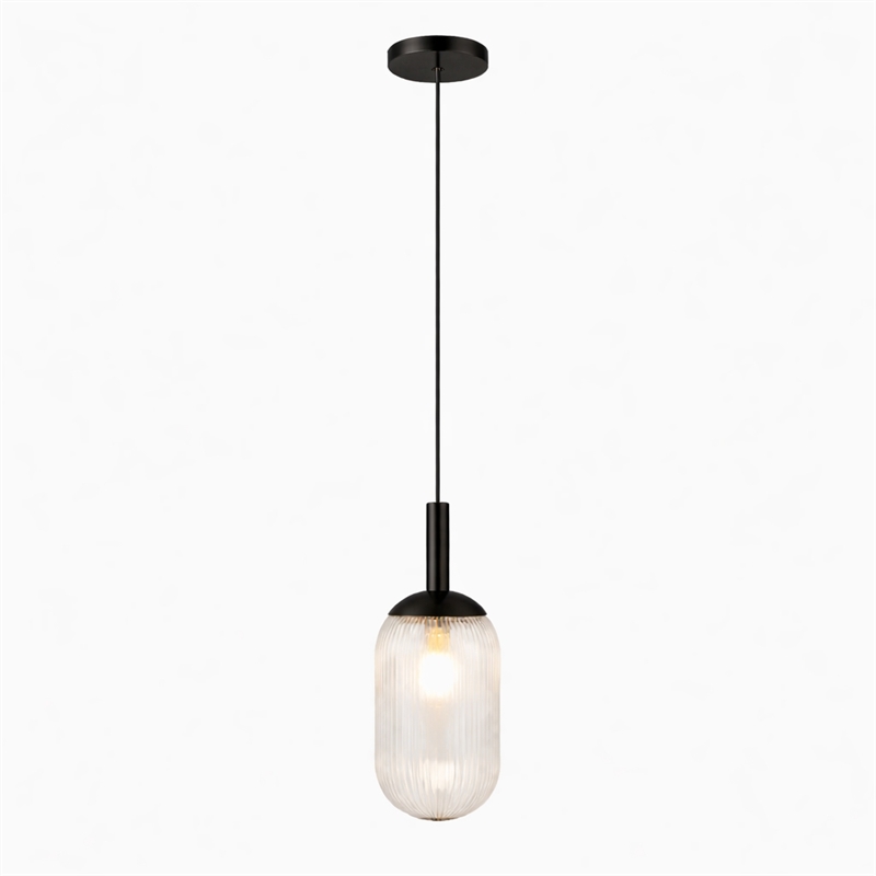 Daphne Modern Ribbed Glass Metal Pendant Light with Black Finish