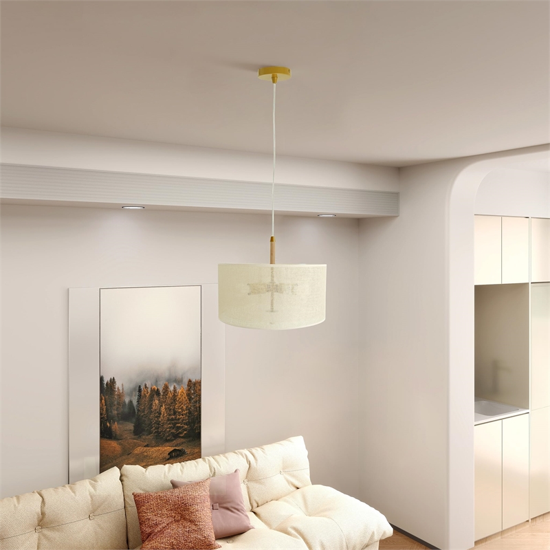 Alfie Natural Woven Drum Pendant Light with Wood Accents