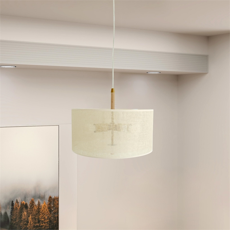 Alfie Natural Woven Drum Pendant Light with Wood Accents