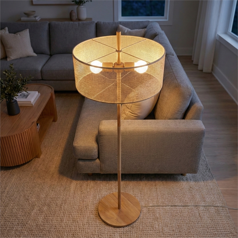 Bloom Natural Wood Floor Lamp with Linen Drum Shade