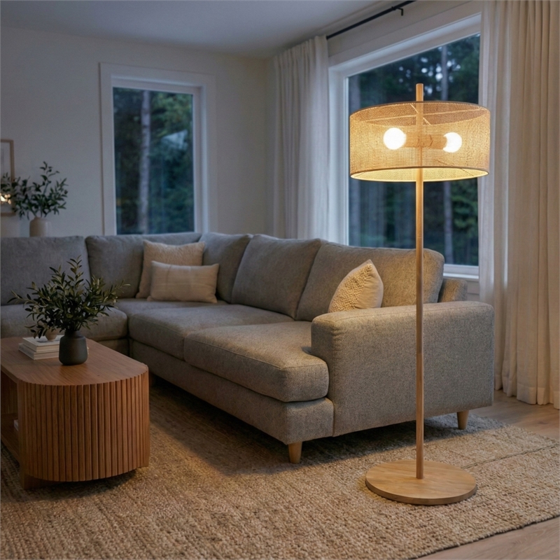 Bloom Natural Wood Floor Lamp with Linen Drum Shade