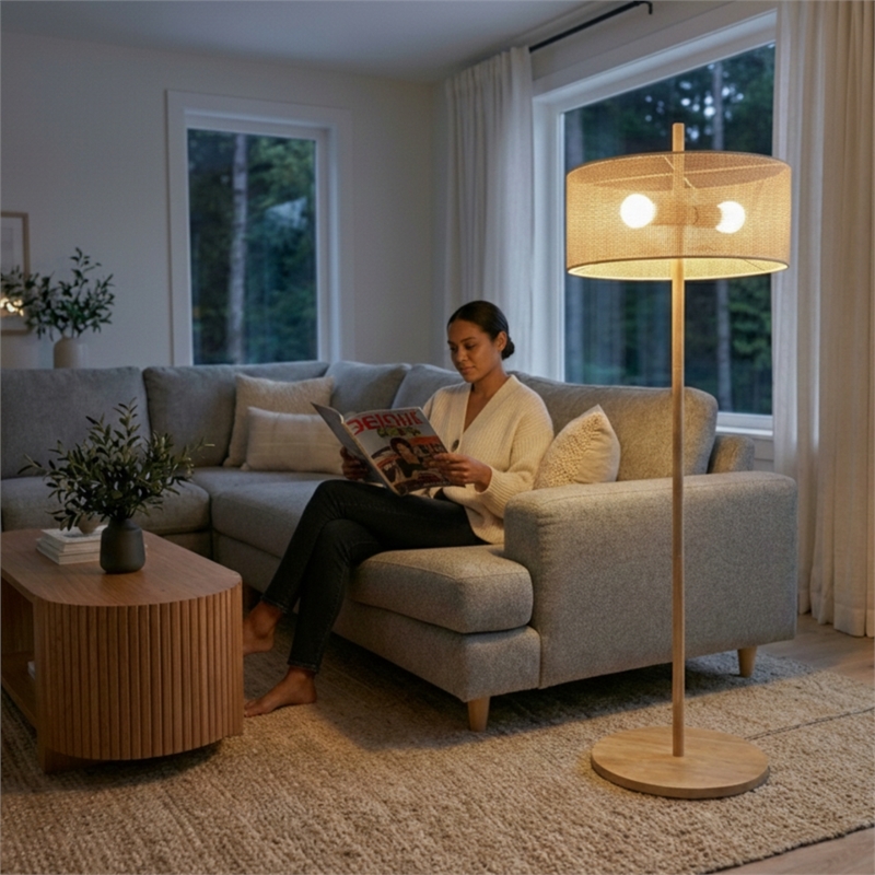 Bloom Natural Wood Floor Lamp with Linen Drum Shade
