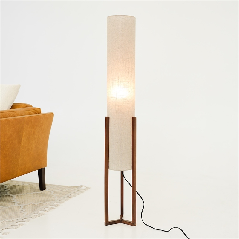 Azur Contemporary Cylinder Fabric Floor Lamp with Brown Wood Base