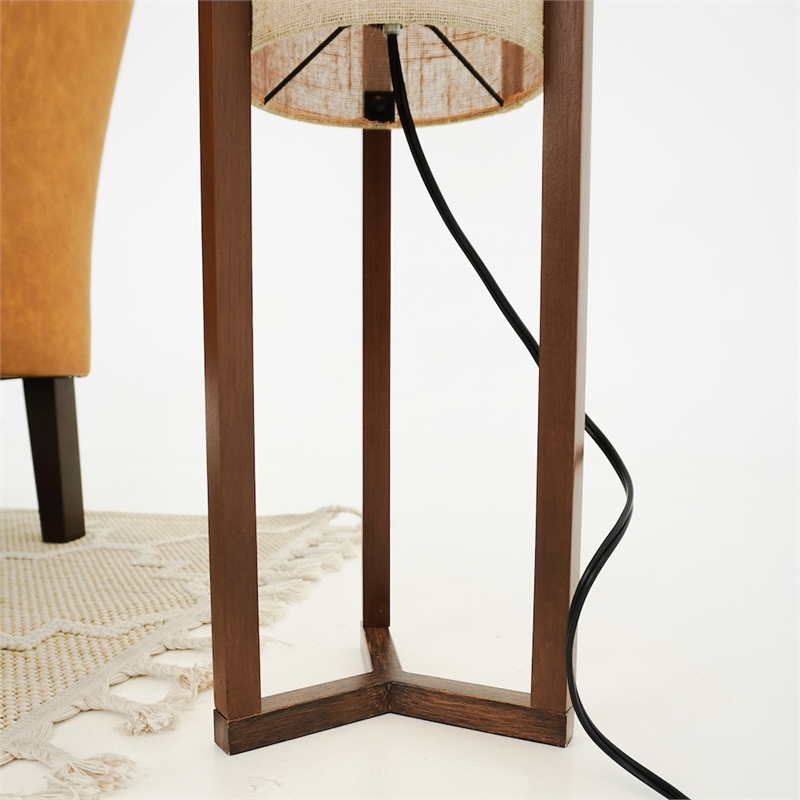 Azur Contemporary Cylinder Fabric Floor Lamp with Brown Wood Base
