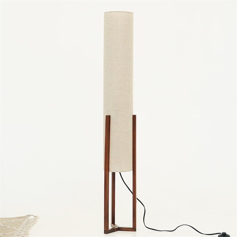 Azur Contemporary Cylinder Fabric Floor Lamp with Brown Wood Base