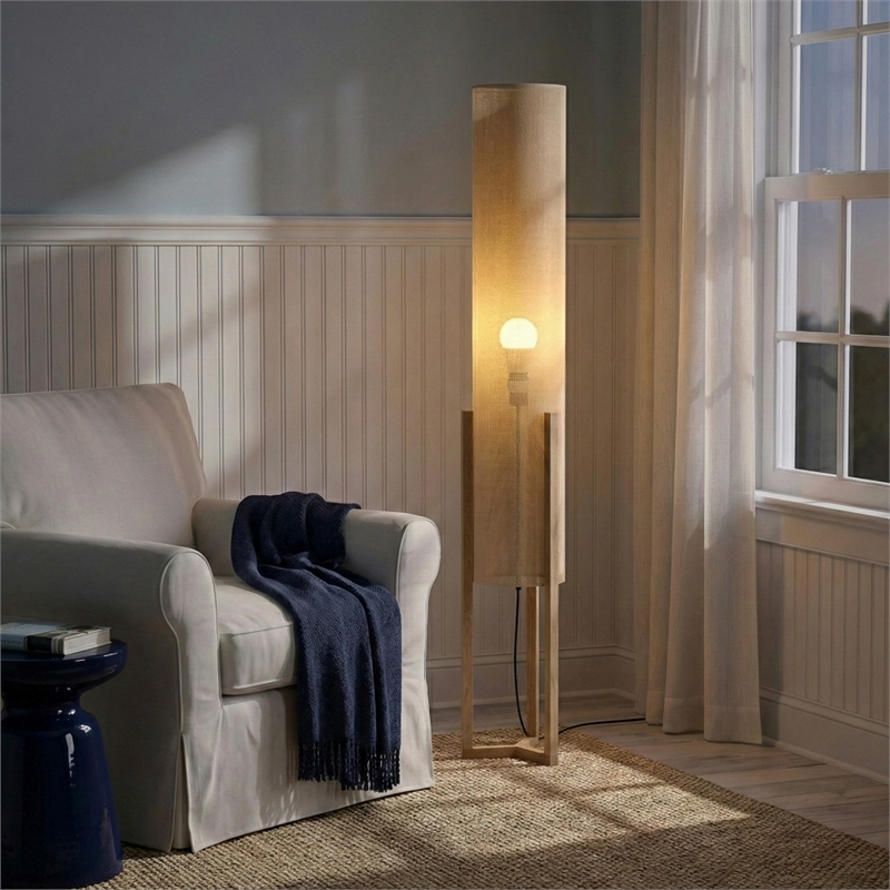 Veux Wood Natural Floor Lamp with Cylindrical Shade