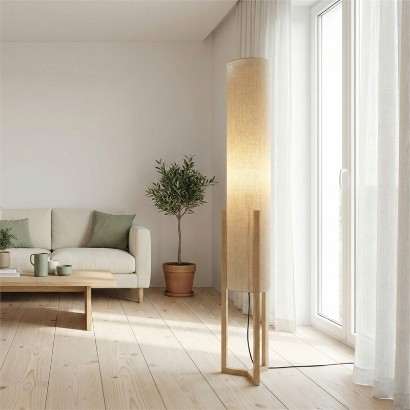 Veux Wood Natural Floor Lamp with Cylindrical Shade