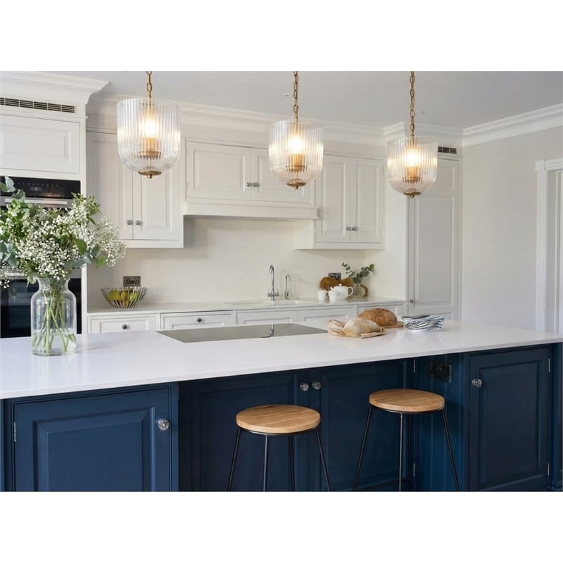 Erin Ribbed Glass Pendant Light with Adjustable Brass Chain