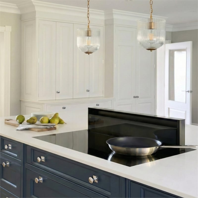 Erin Ribbed Glass Pendant Light with Adjustable Brass Chain