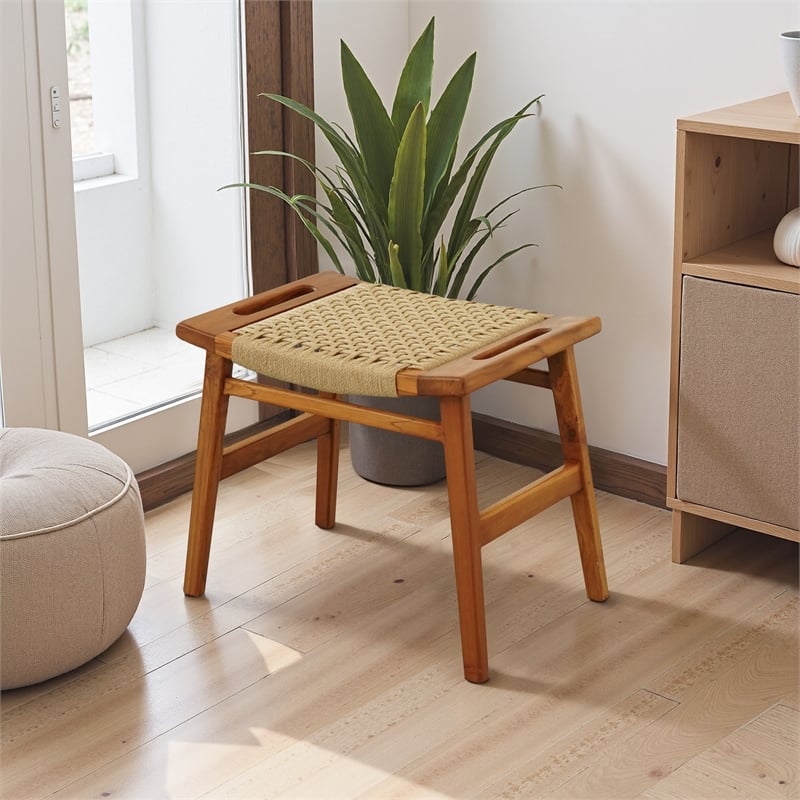 Tundra Rustic Mid-Century Style Solid Wood Frame Loom Stool in Tan