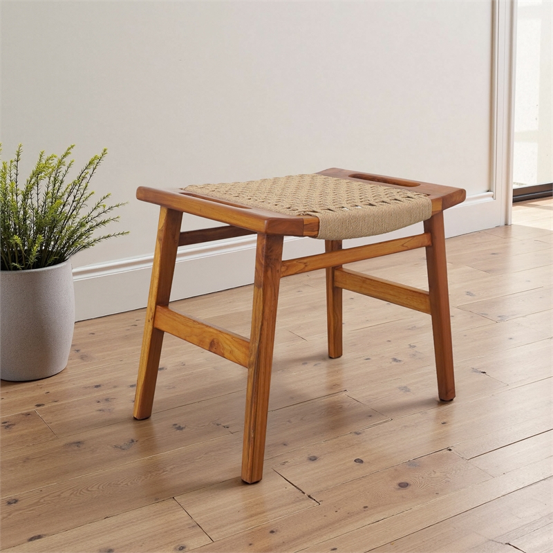 Tundra Rustic Mid-Century Style Solid Wood Frame Loom Stool in Tan