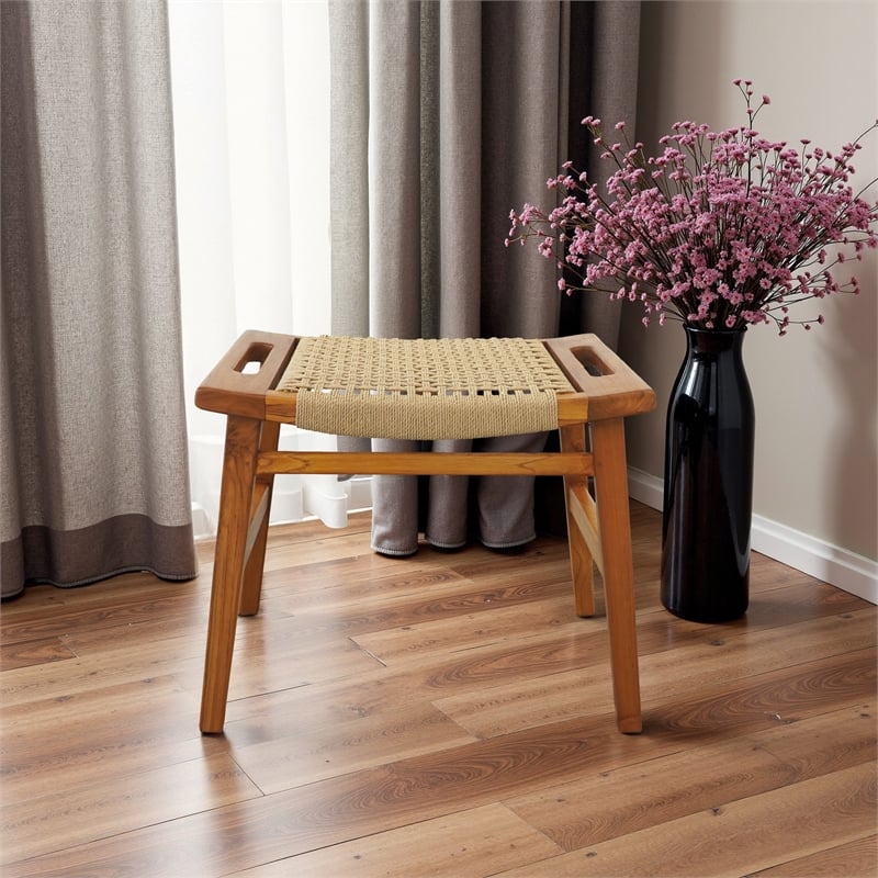 Tundra Rustic Mid-Century Style Solid Wood Frame Loom Stool in Tan