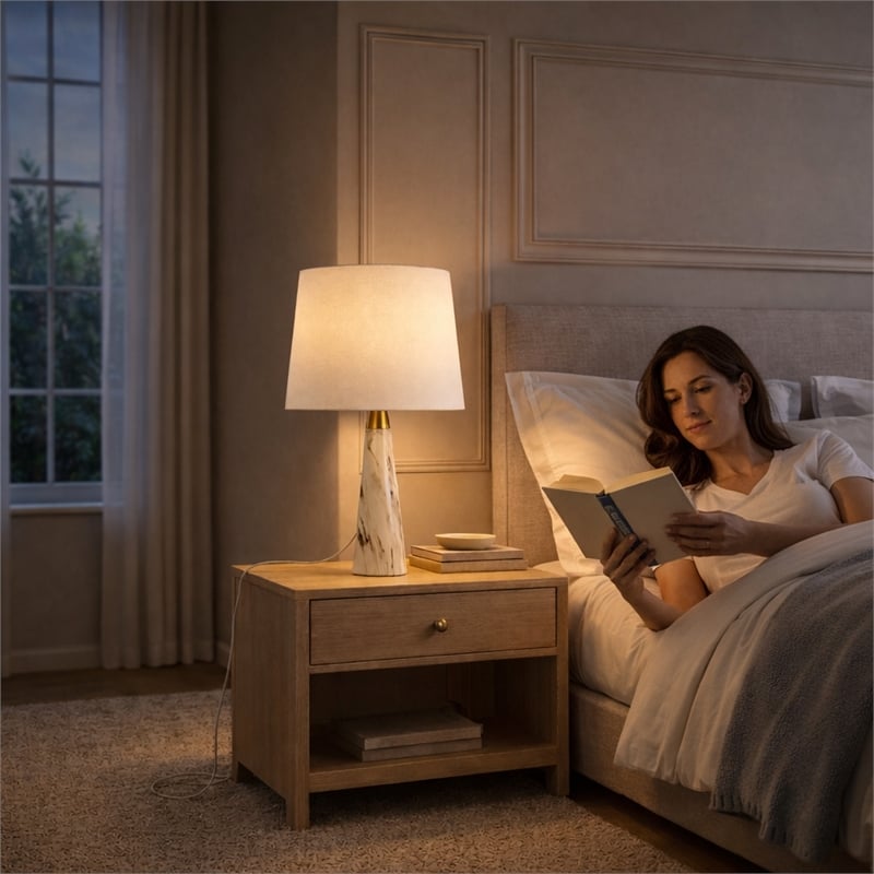 Apte Modern Black Contemporary Table Lamp with Faux Marble Base
