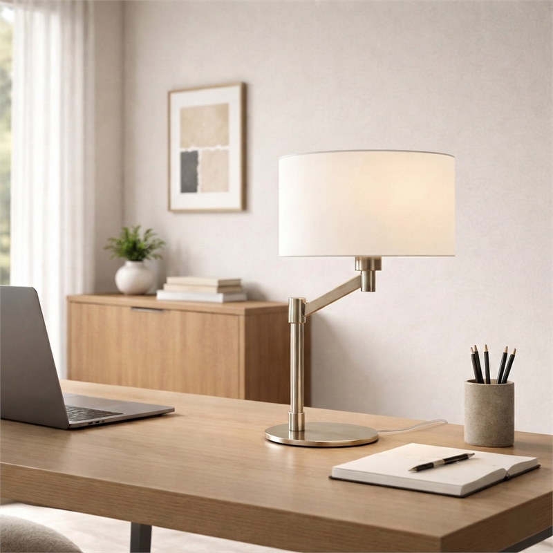 Tomy Modern Brushed Nickel Metal Table Lamp with Fabric Drum Shade
